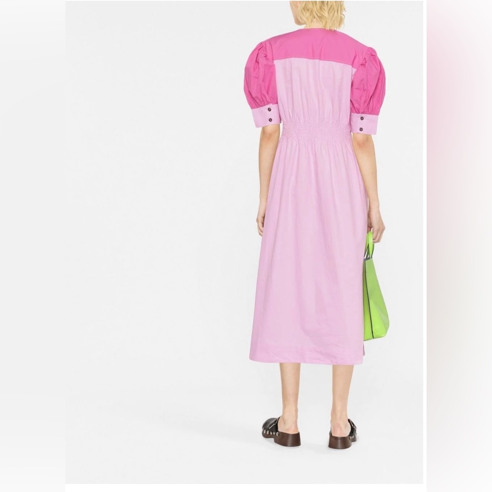 Ganni V-neck puff shoulder color block midi dress in Phlox pink.